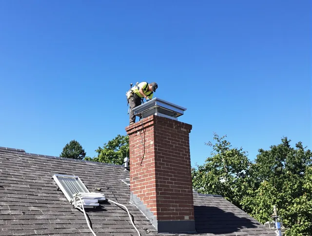 Ellington Chimney Sweep technician measuring a chimney cap in Ellington, CT