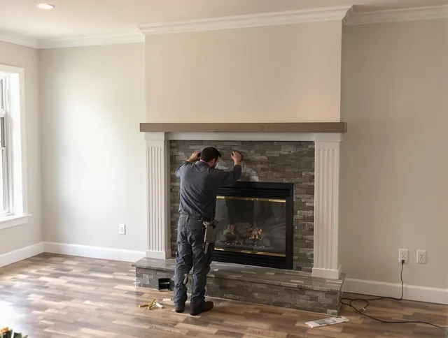 Ellington Chimney Sweep finishing a custom fireplace install in Ellington, CT